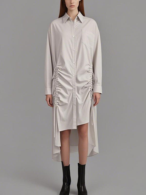 High-Low Long Sleeves Buttoned Drawstring Pleated Pockets Solid Color Lapel Midi Dresses Product Image