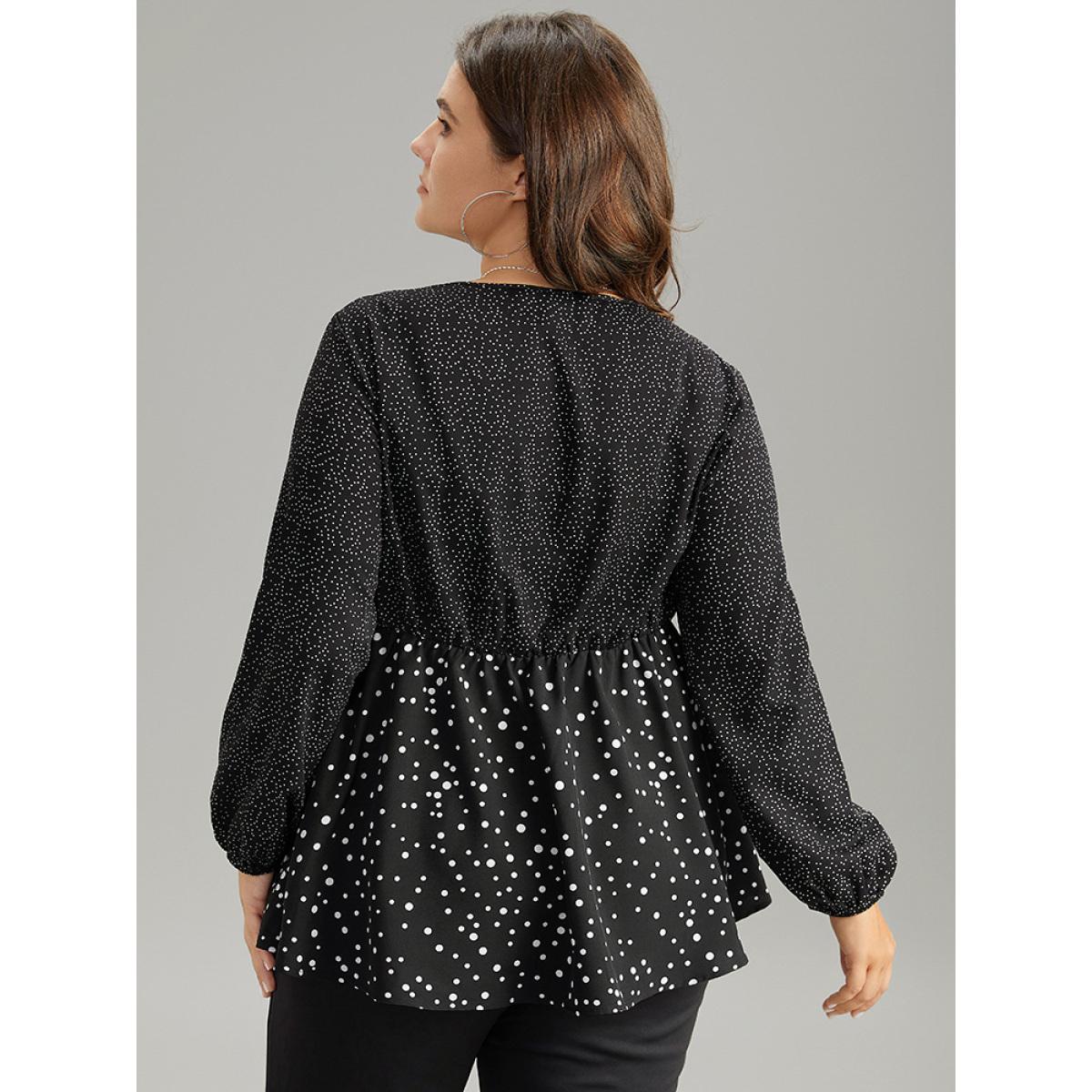 Plus Size Black Polka Dot Ruched Ties Lantern Sleeve Blouse Women Elegant Long Sleeve V-neck Dailywear Blouses BloomChic 10/M Product Image