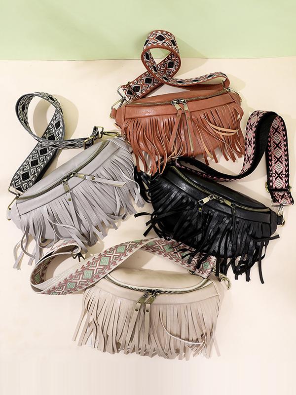 Geometric Tasseled Zipper Crossbody Bags Product Image