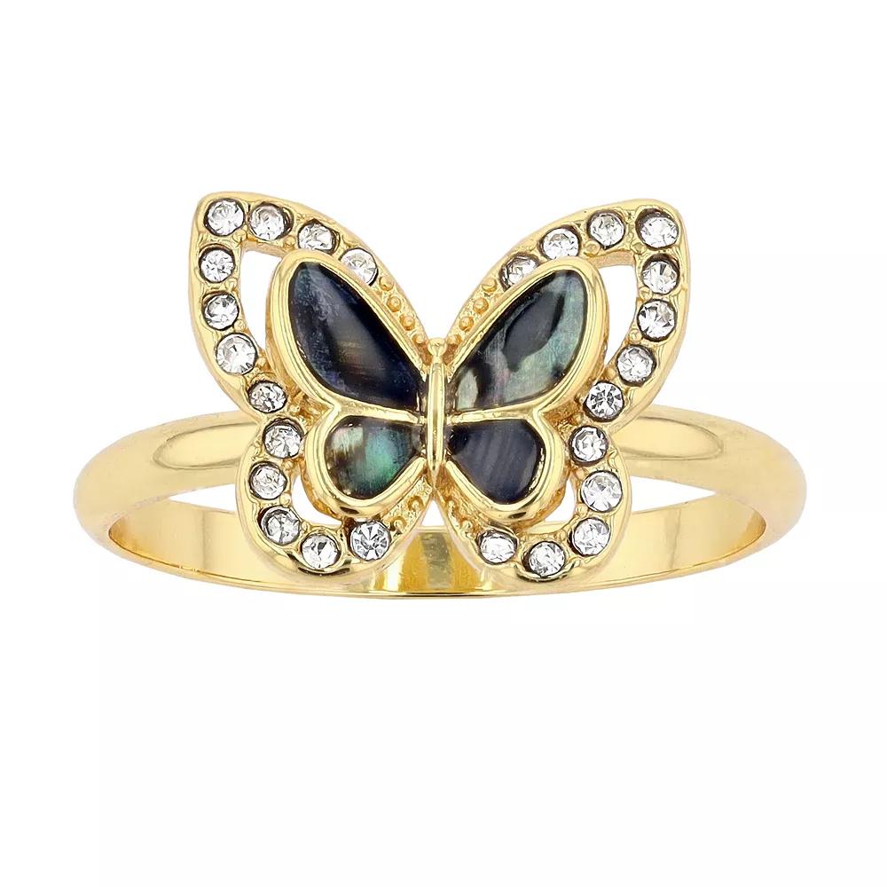 City Luxe 14k Gold-Plated Abalone & Crystal Butterfly Ring, Women's, Size: 7, Gold Tone Product Image