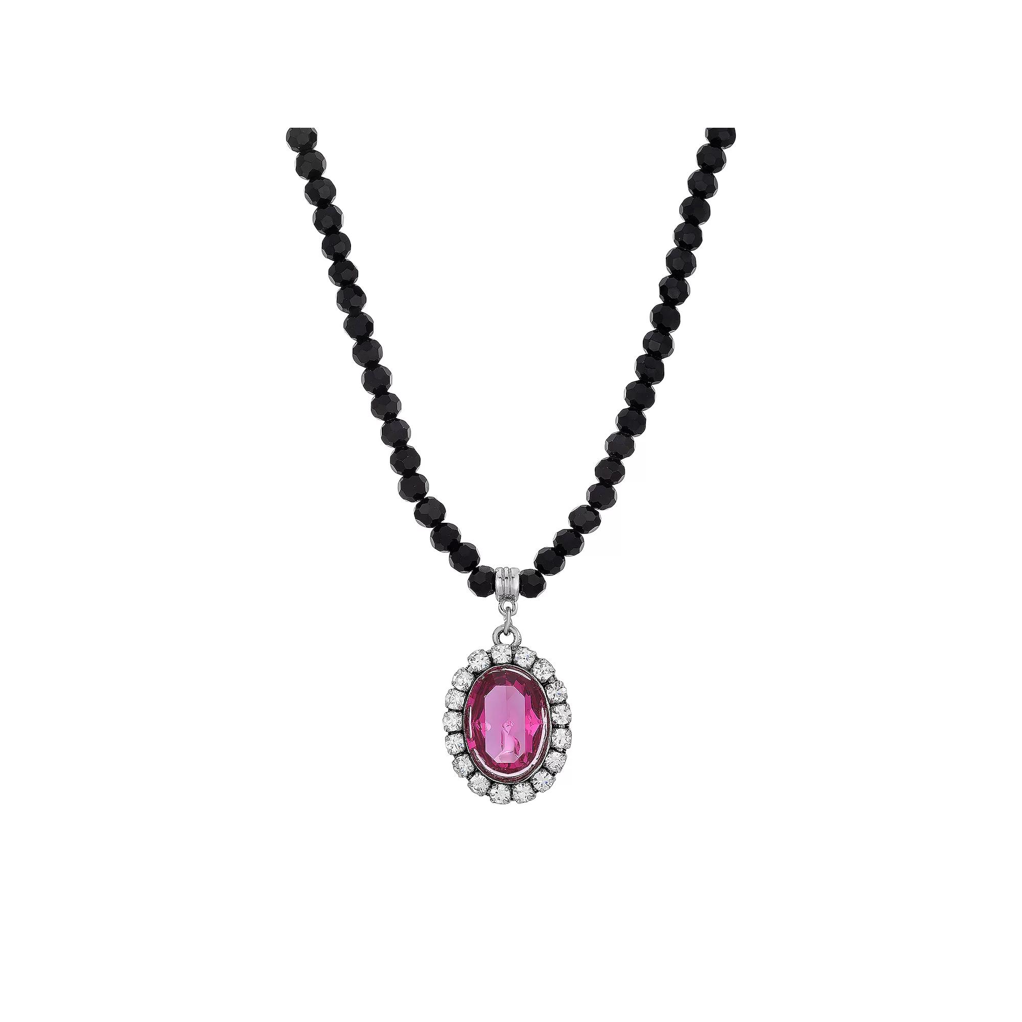 1928 Silver Tone Crystal Black Beaded Necklace, Women's, Purple Product Image