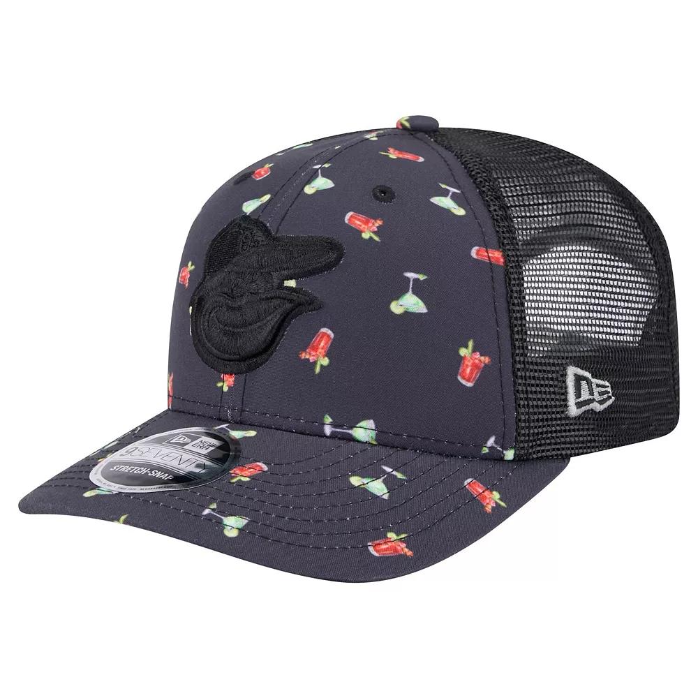 Men's New Era Black Baltimore Orioles Adventure Drinks Pattern 9SEVENTY Stretch-Snap Hat Product Image