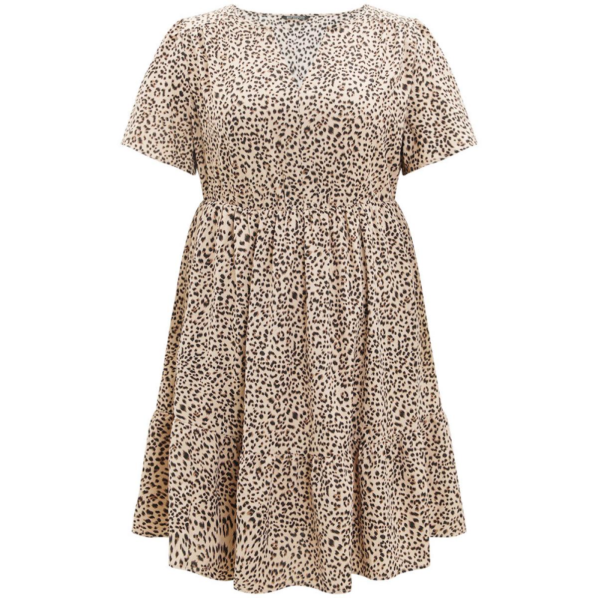Plus Size Leopard Notched Pocket Gathered Ruffle Layered Hem Dress LightBrown Women Elegant Notched collar Short sleeve Curvy Knee Dress BloomChic 10/M Product Image