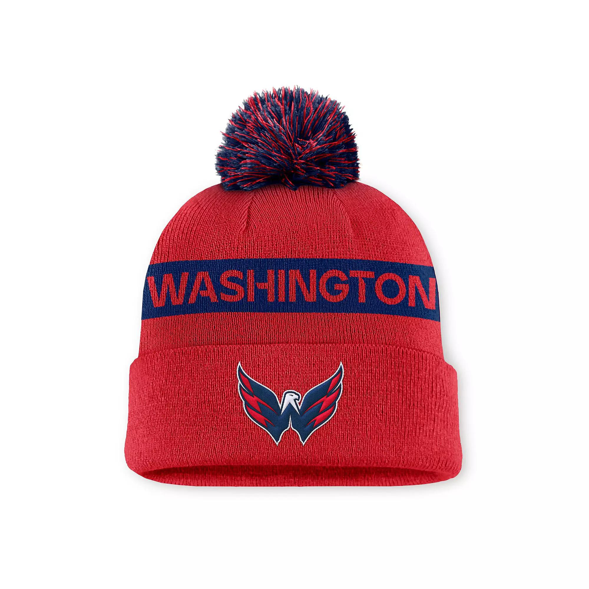 Women's Fanatics Red/Navy Washington Capitals Authentic Pro Rink Cuffed Knit Hat with Pom Product Image