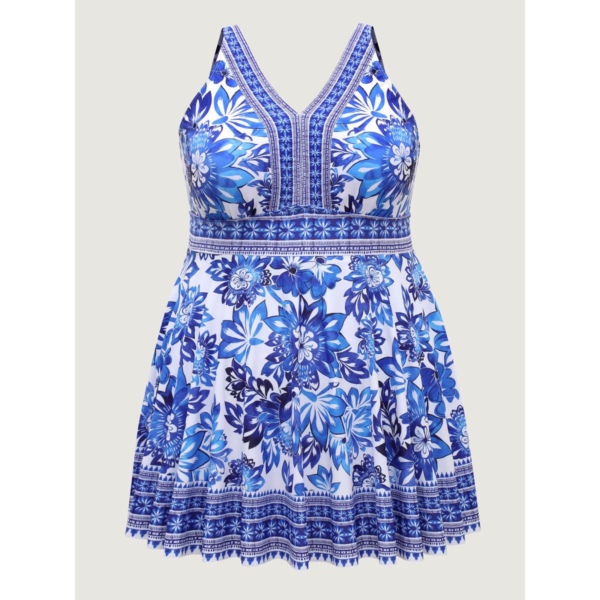 Plus Size Large Floral Print V-Neck Swim Dress Women's Swimwear Indigo Beach Bodycon V-neck High stretch Curve Swim Dresses BloomChic 10/M Product Image