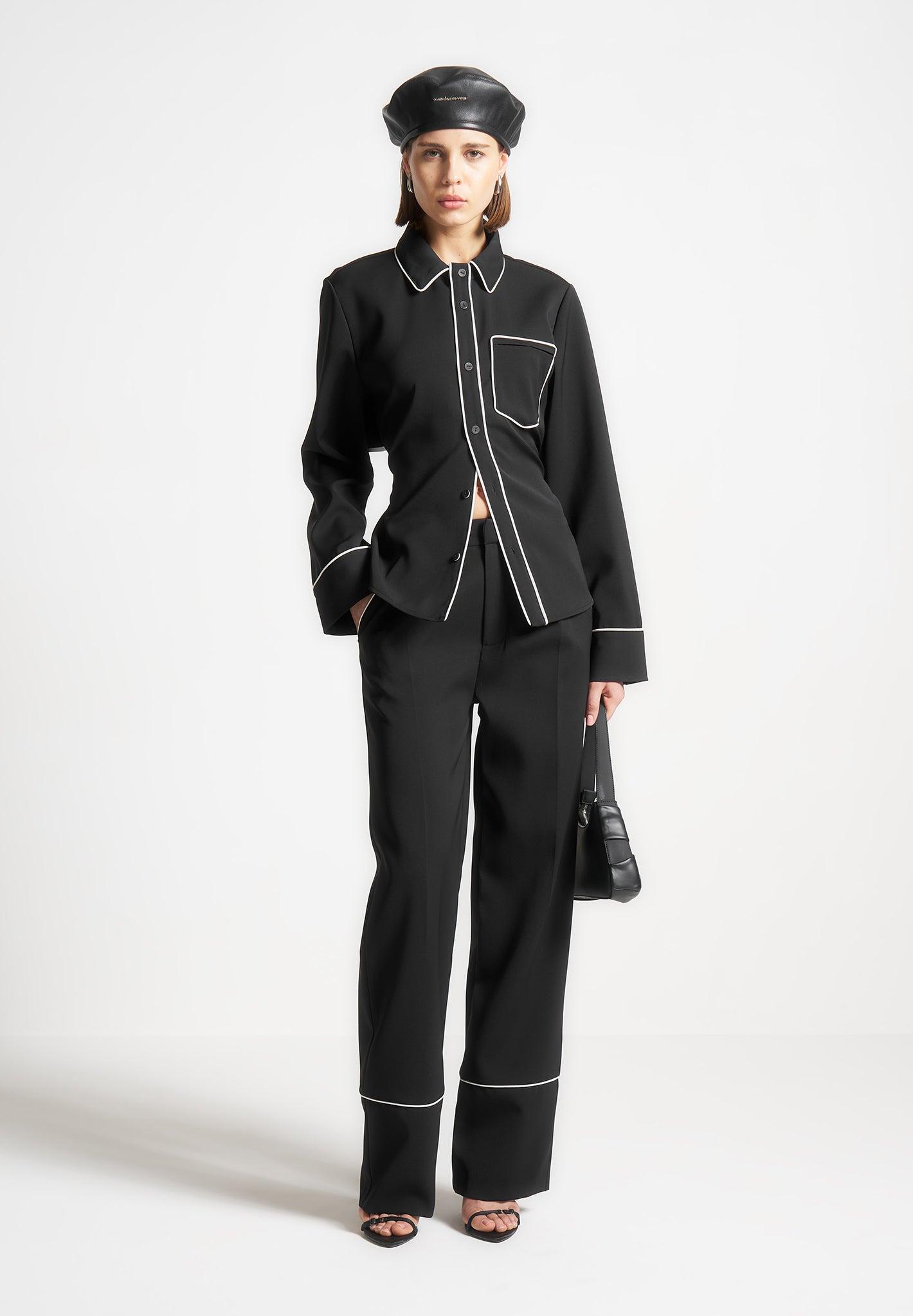 Mina - Contrast Piped Pleated Trousers - Black/White Female Product Image