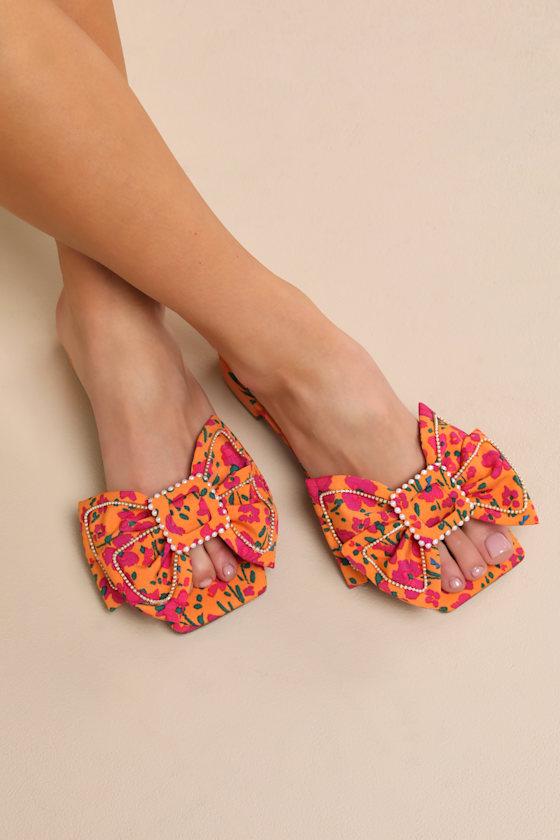 Garnet Orange Floral Pearl Bow Slide Sandals Product Image