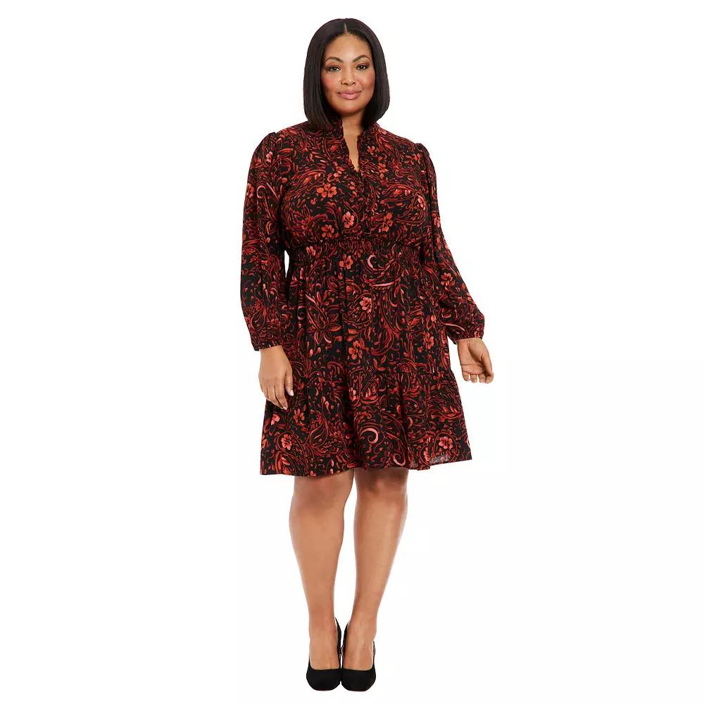 Plus Size London Times Split Neck Bishop Sleeve Tiered Skirt Dress, Women's, Size: 20 W, Black Spice Product Image