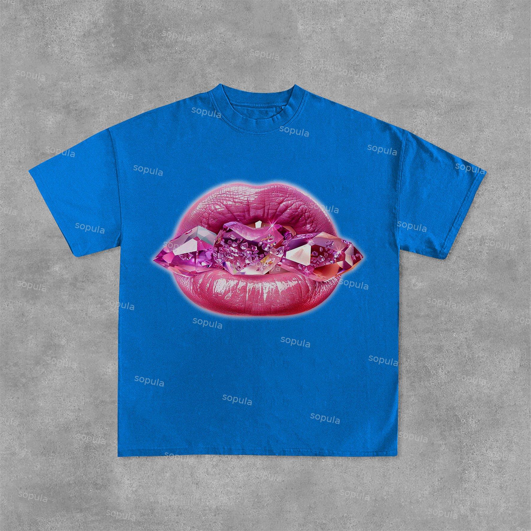 Sexy Jeweled Lips Print Graphic Cotton Tees Product Image