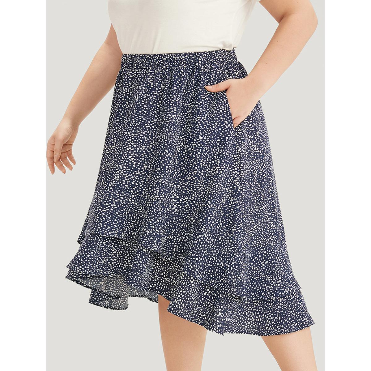 Plus Size Allover Print Pocket Ruffle Layered Hem Skirt Women Indigo Elegant Elastic Waist No stretch Pocket Dailywear Skirts BloomChic 30/6X Product Image