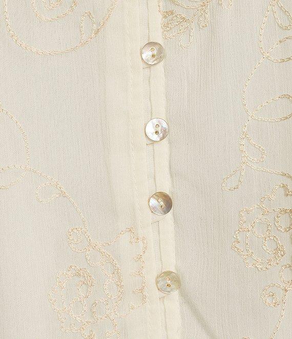 Figueroa & Flower Petite Size Embriordered Ruffle Split-V-Neck Long Sleeve Button-Front Top Product Image