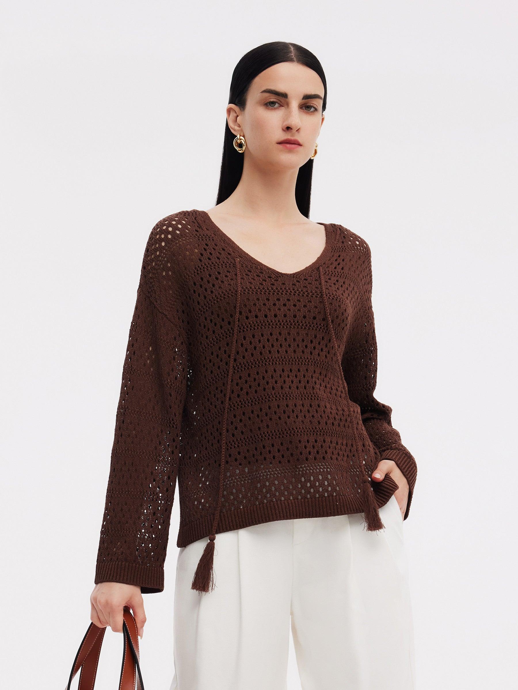Linen Blend Openwork Pullover And Knit Tank Two-Piece Set Product Image