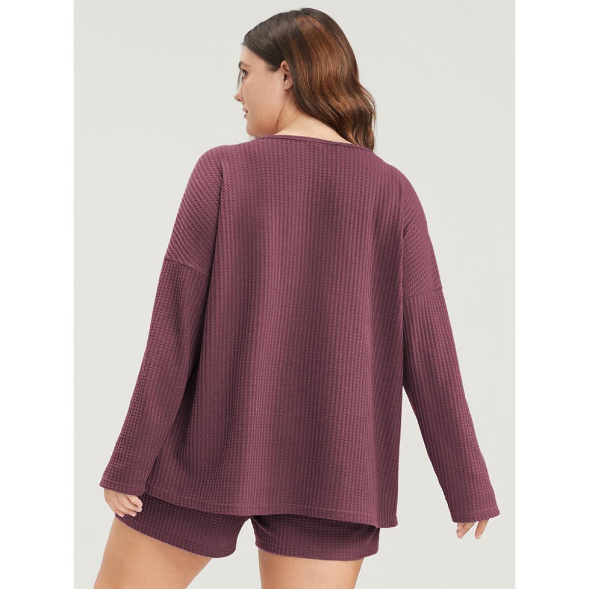 Plus Size Solid Notched Waffle Knit Pajama Set Women DustyPink Plain Plain Long Sleeve Notched collar Casual Loungewear Sets BloomChic 10/M Product Image