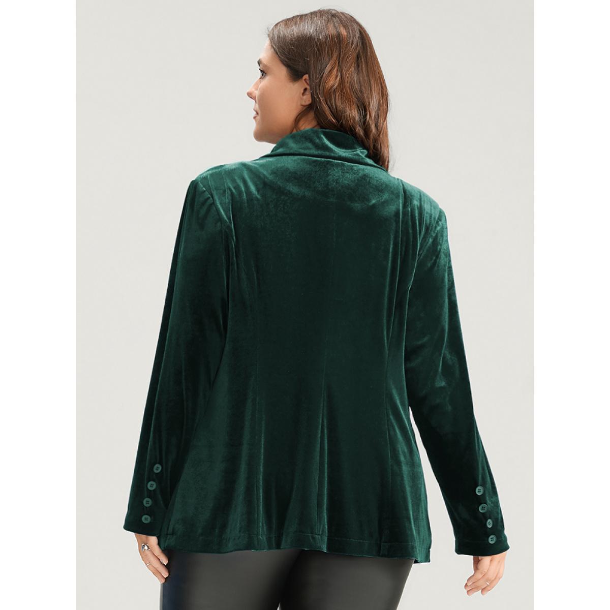 Plus Size Solid Button Flap Pocket Velvet Blazer DarkGreen Women Going out Plain Button Sleeve Long Sleeve Suit Collar 10/M Pocket Party Blazers BloomChic Product Image