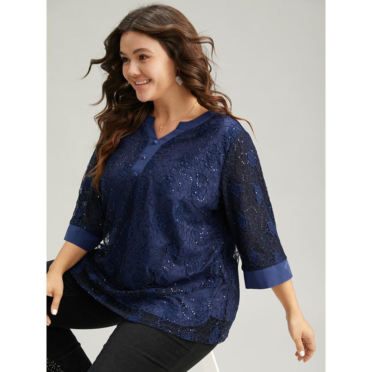 Plus Size Indigo Sequin Guipure Lace Button Detail Blouse Women Glamour Elbow-length sleeve V-neck Going out Blouses BloomChic 22-24/3X Product Image