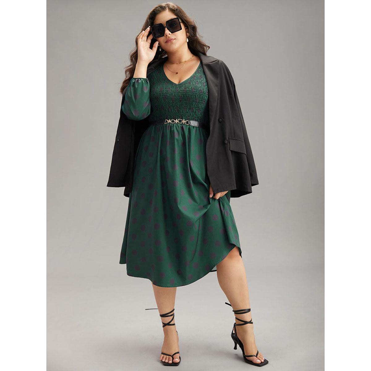Plus Size Polka Dot Shirred Lantern Sleeve Dress DarkGreen Women Elegant Elastic cuffs V-neck Long Sleeve Curvy Midi Dress BloomChic 30/6X Product Image