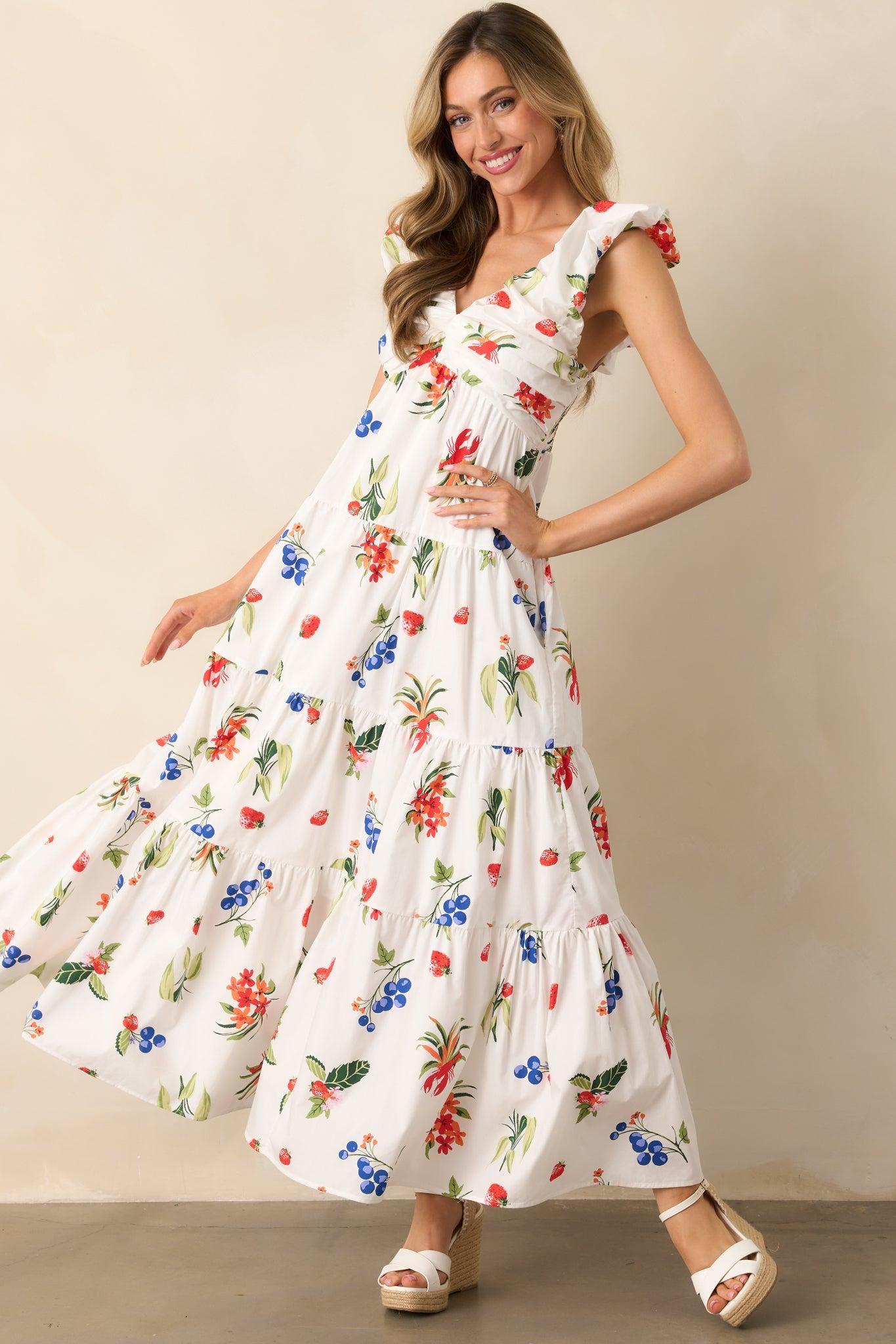 In The Breeze White Cotton Coastal Print Maxi Dress Product Image