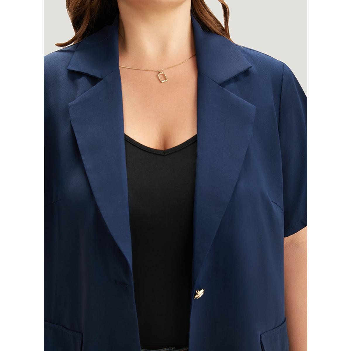 Plus Size Plain Button Through Flap Pocket Suit Collar Blazer Indigo Women Dailywear Plain Drape Sleeve Short sleeve Lapel Collar 14-16/1X Pocket Casual Blazers BloomChic Product Image