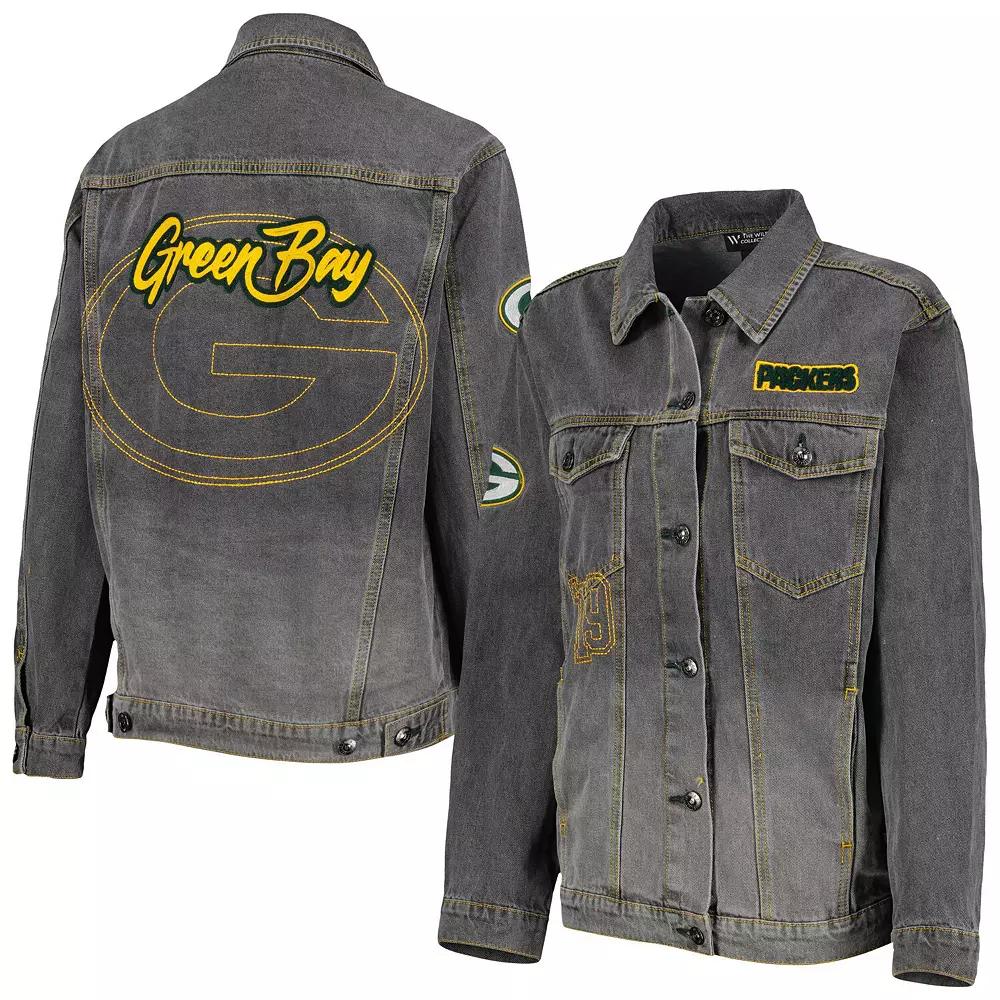 Women's The Wild Collective Denim Green Bay Packers Faded Button-Up Jacket,  Product Image