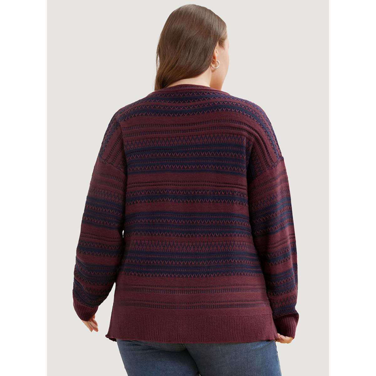 Plus Size Striped Contrast Pointelle Knit Open Front Loose Cardigan Scarlet Women Casual Loose Long Sleeve Office Cardigans BloomChic 14-16/1X Product Image