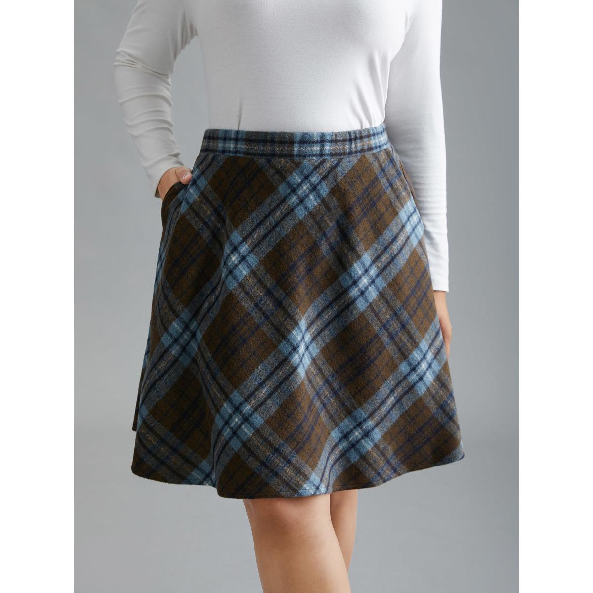 Plus Size Plaid Pattern Elastic Waist A-line Mini Skirt Women Stone Elegant Low stretch Slanted pocket Everyday Skirts BloomChic 26/4X Product Image