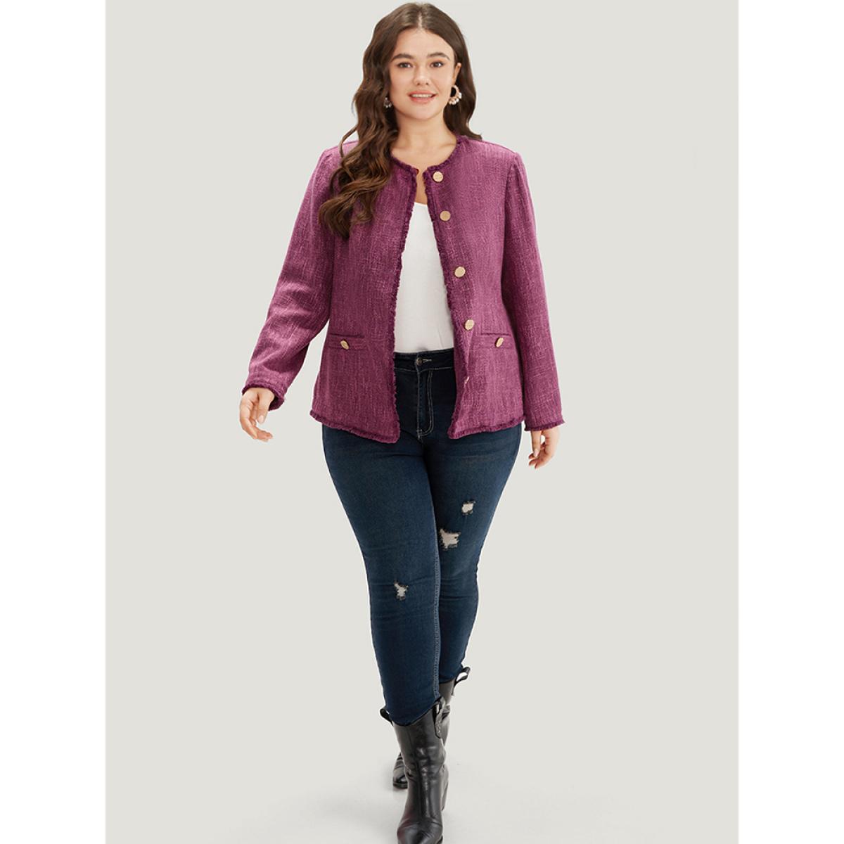 Plus Size Texture Buckle Detail Fuzzy Trim Jacket Women RedViolet Texture Pocket Dailywear Jackets BloomChic 22-24/3X Product Image