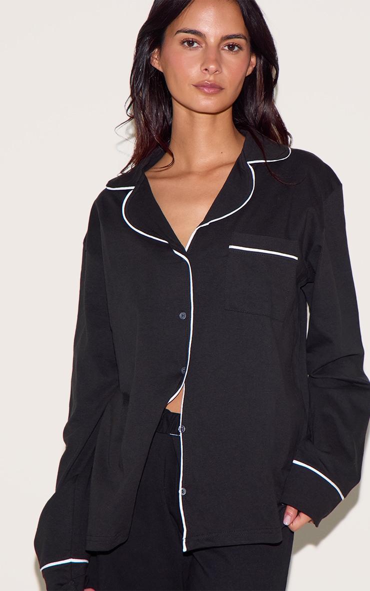 Black Oversized Jersey Piping Detail Long PJ Set Product Image