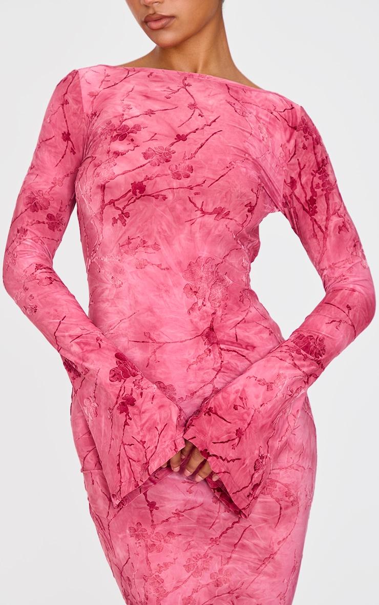 Pink Floral Devore Long Sleeve Maxi Dress Product Image