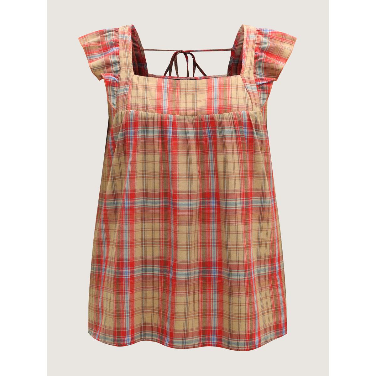 Plus Size Raspberry Plaid Print Flutter Sleeve Pleated Blouse Women Leisure Cap Sleeve Square Neck Casual Blouses BloomChic 28/5X Product Image