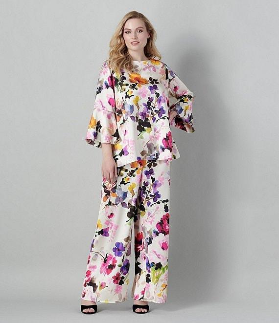 Caroline Rose Plus Size Brilliant Floral Bouquet Print Satin Scoop Neck 3/4 Soft Bell Sleeve Coordinating Tunic Product Image