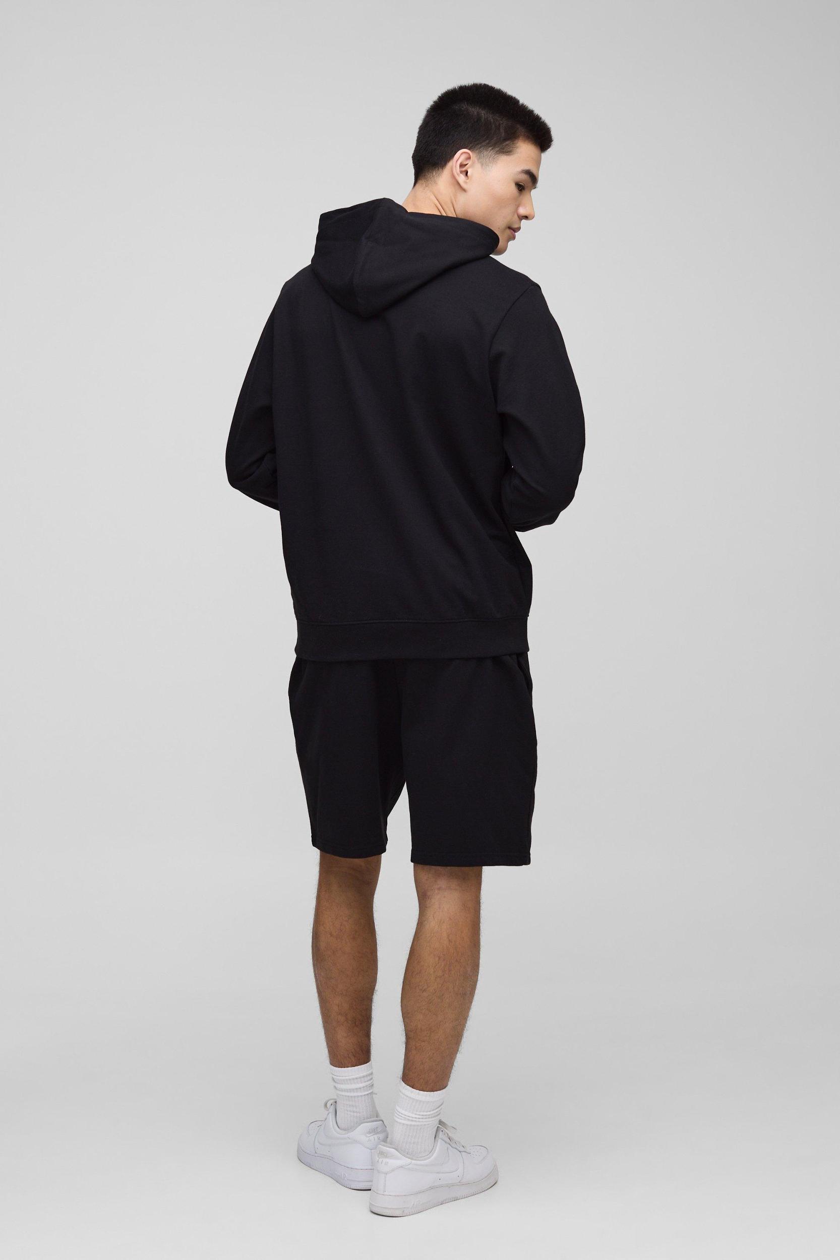 260GSM Loopback Basic Regular Fit Over The Head Hoodie and Relaxed Jersey Short Set | boohooMAN USA Product Image