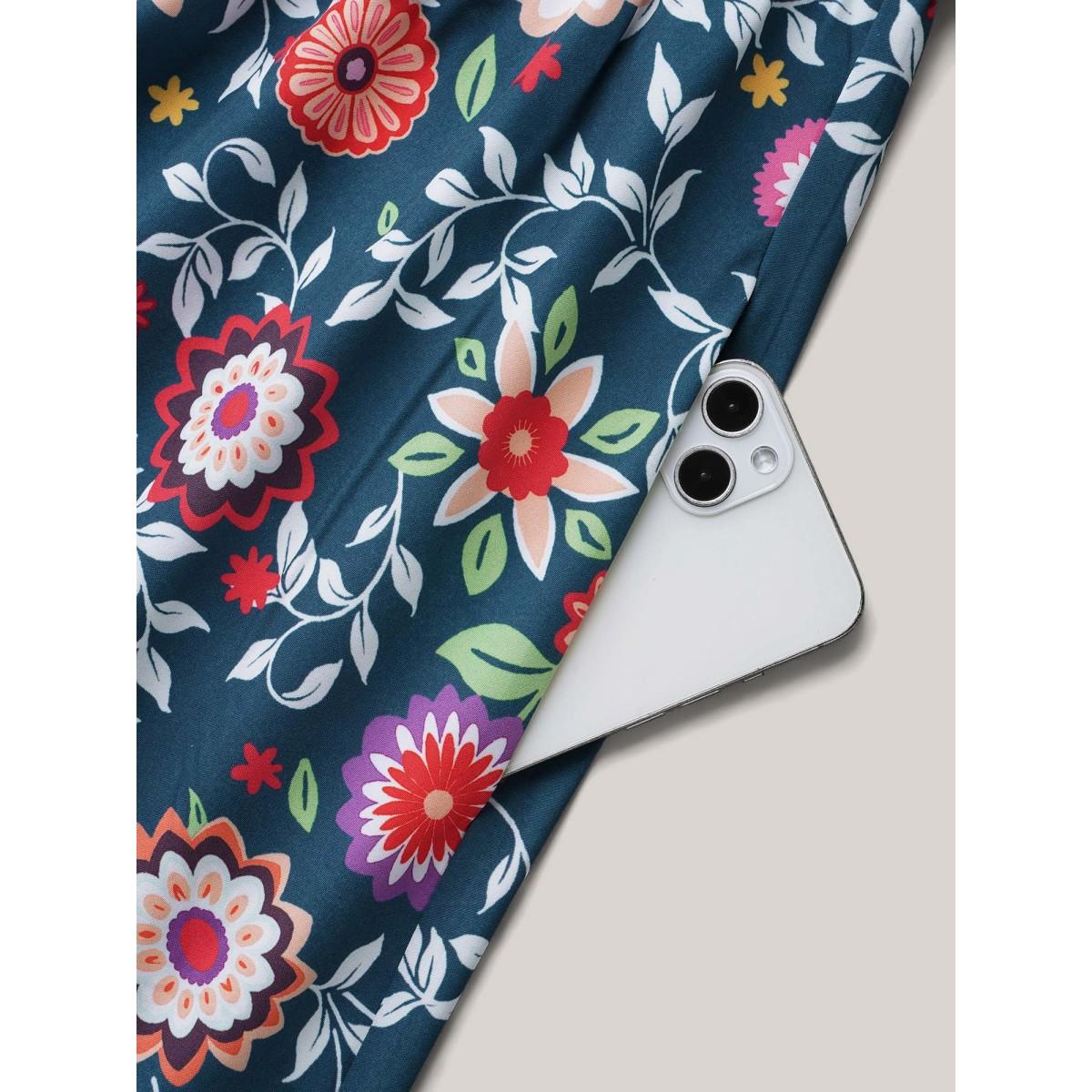 Plus Size Floral Print Stretchy-Waist Pockets Maxi Dress Navy Women Boho Non Flat collar with V-notch Elbow-length sleeve Curvy BloomChic 18-20/2X Product Image