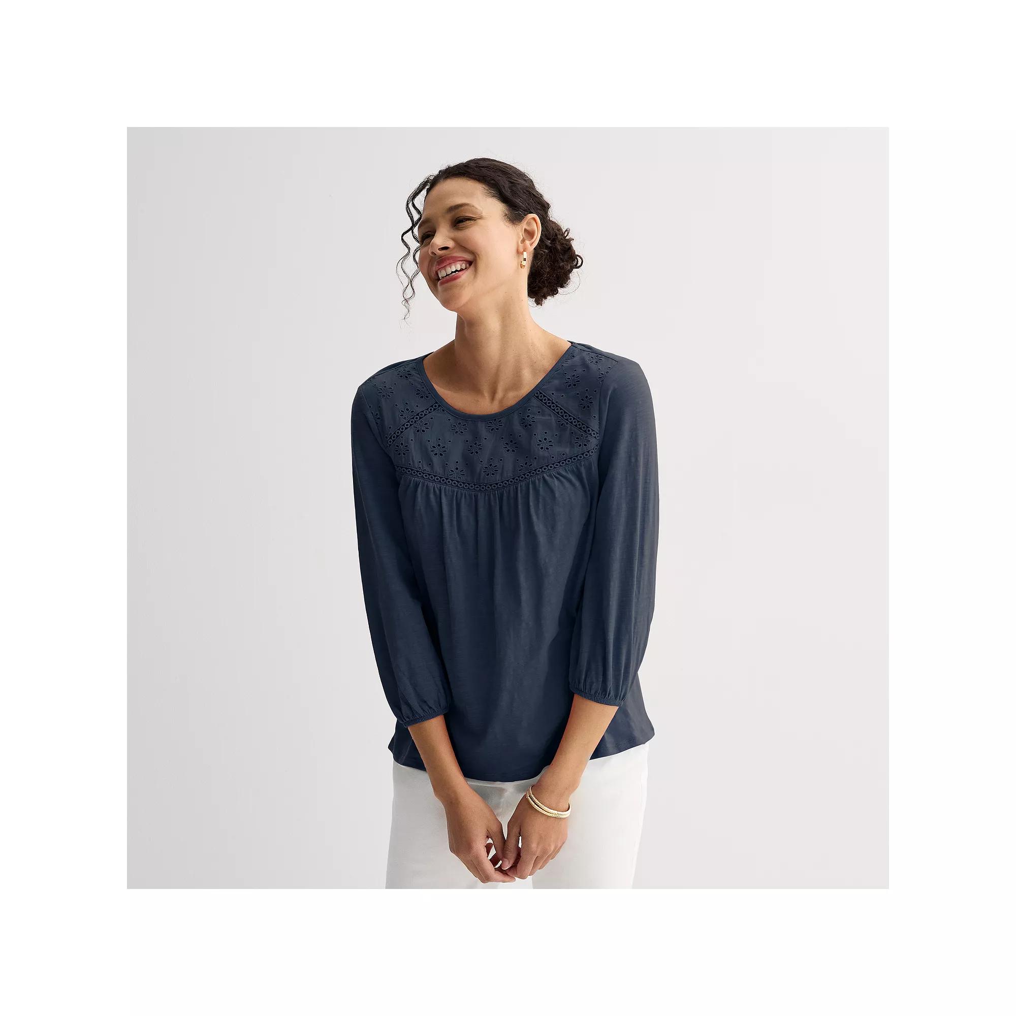 Women's Croft & Barrow® Three-Quarter Sleeve Eyelet Yoke Top, Size: Small, Blue Product Image