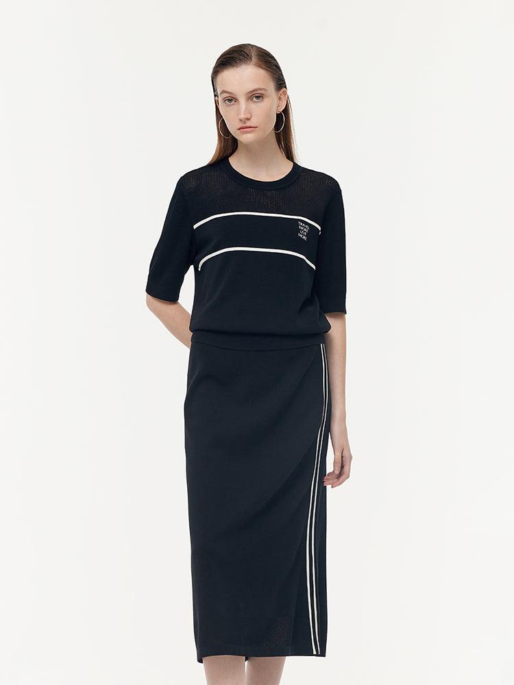 Contrast Stitch Knit Top And Skirt Two-Piece Set Product Image