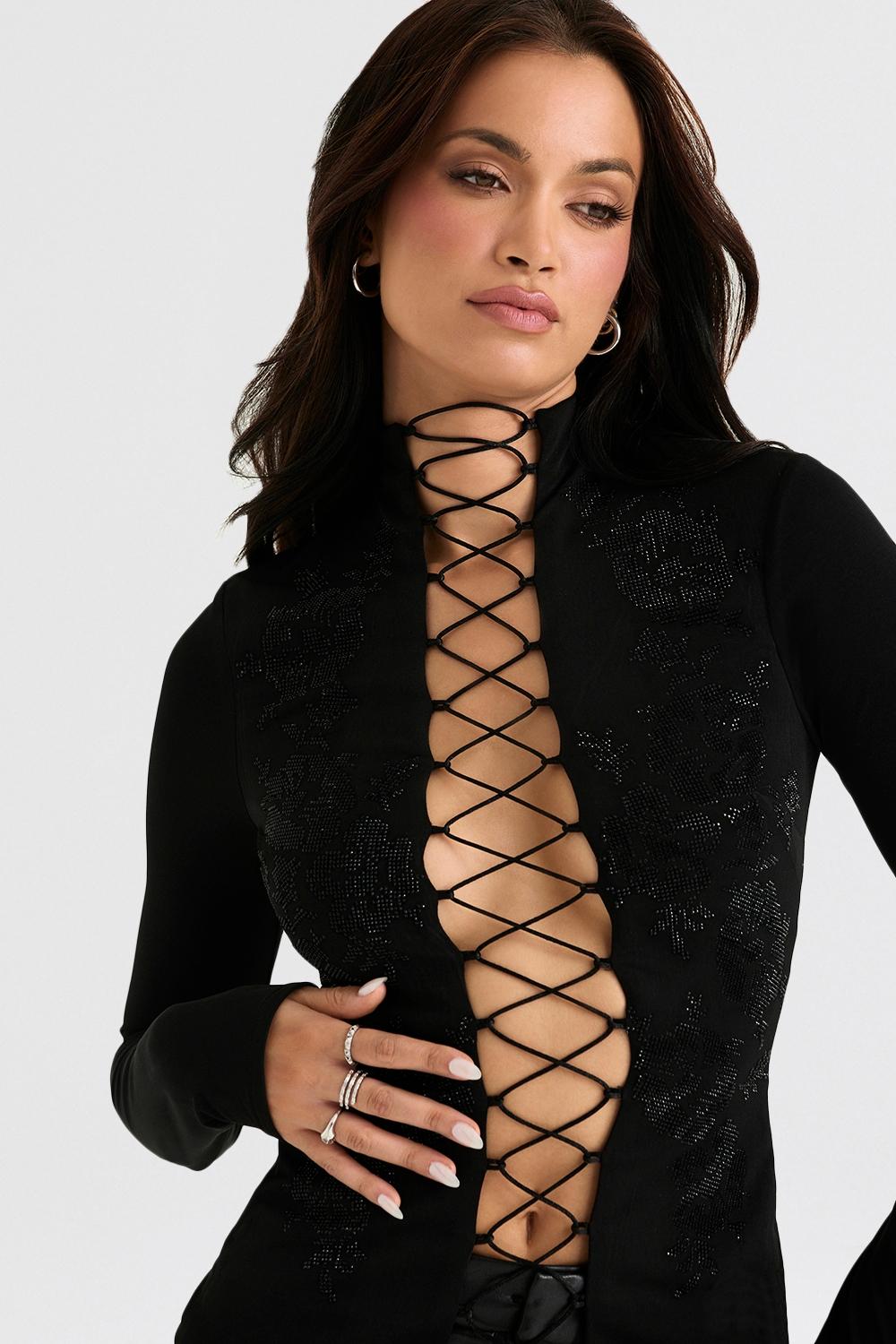 Lori  black crystallised lace up top Product Image