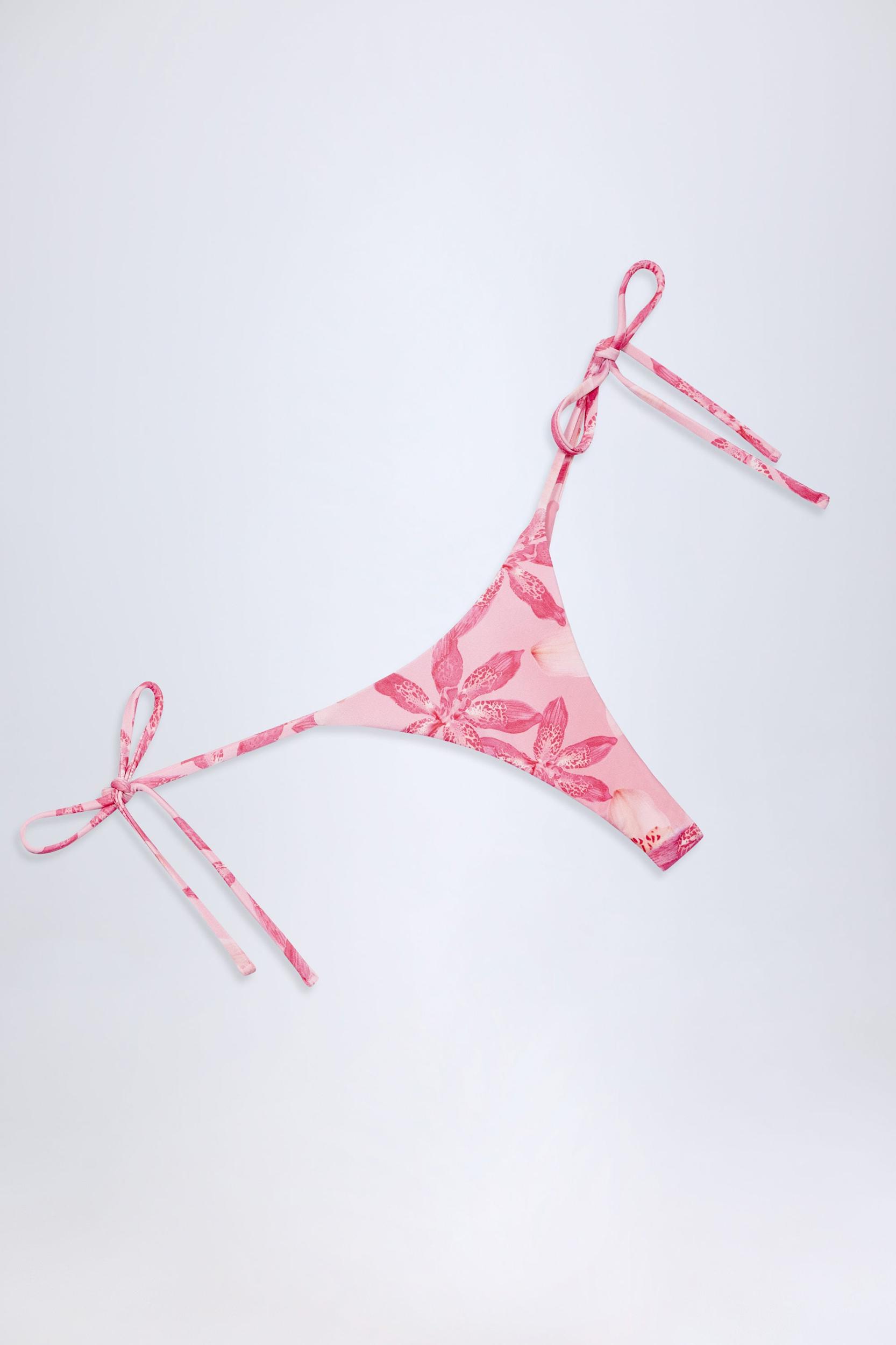 Side-Tie Thong Bikini Bottoms in Pink Orchid Print Product Image