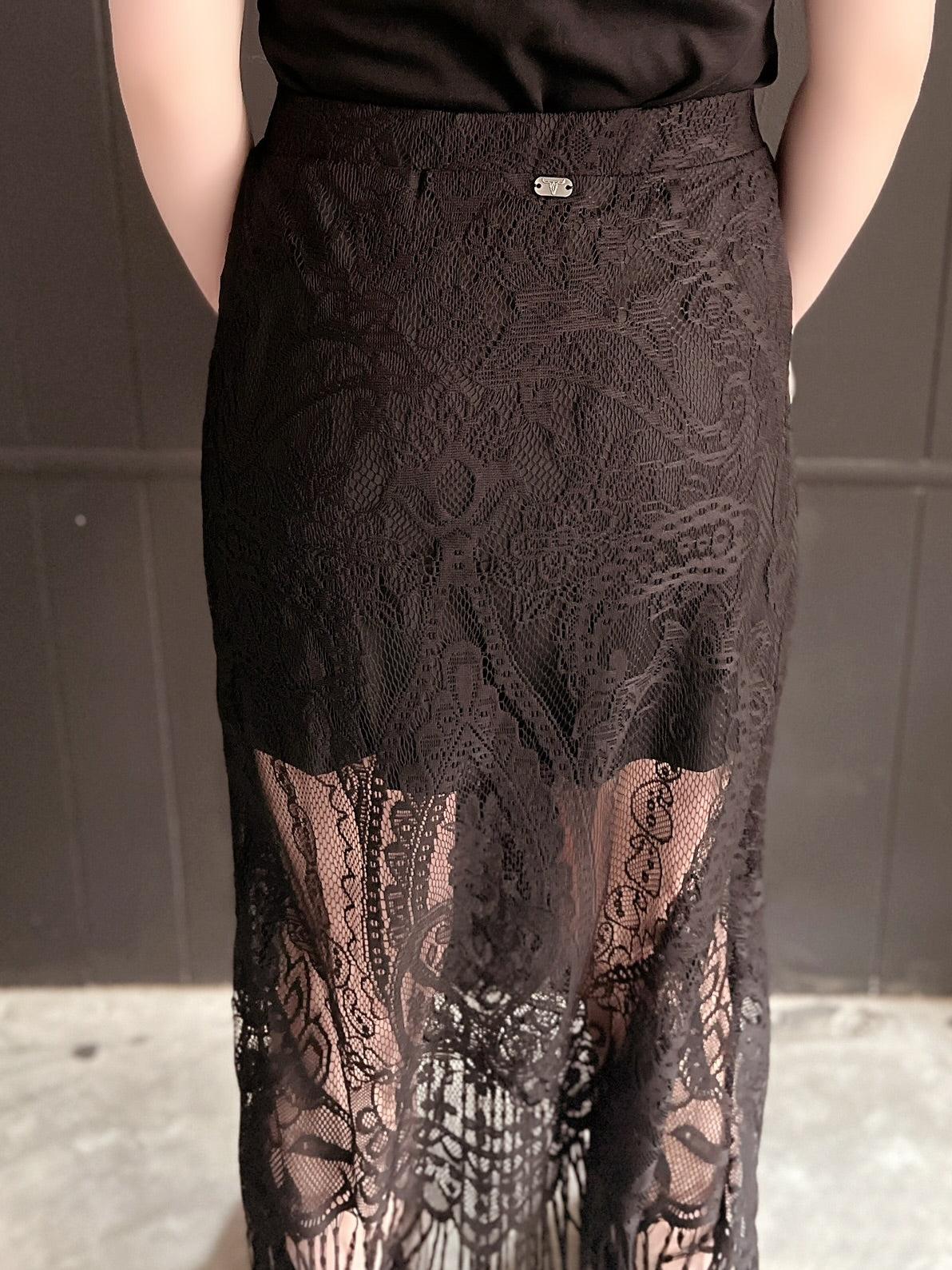 L&B Black Lace Lined Long Skirt With Frayed Hem Product Image