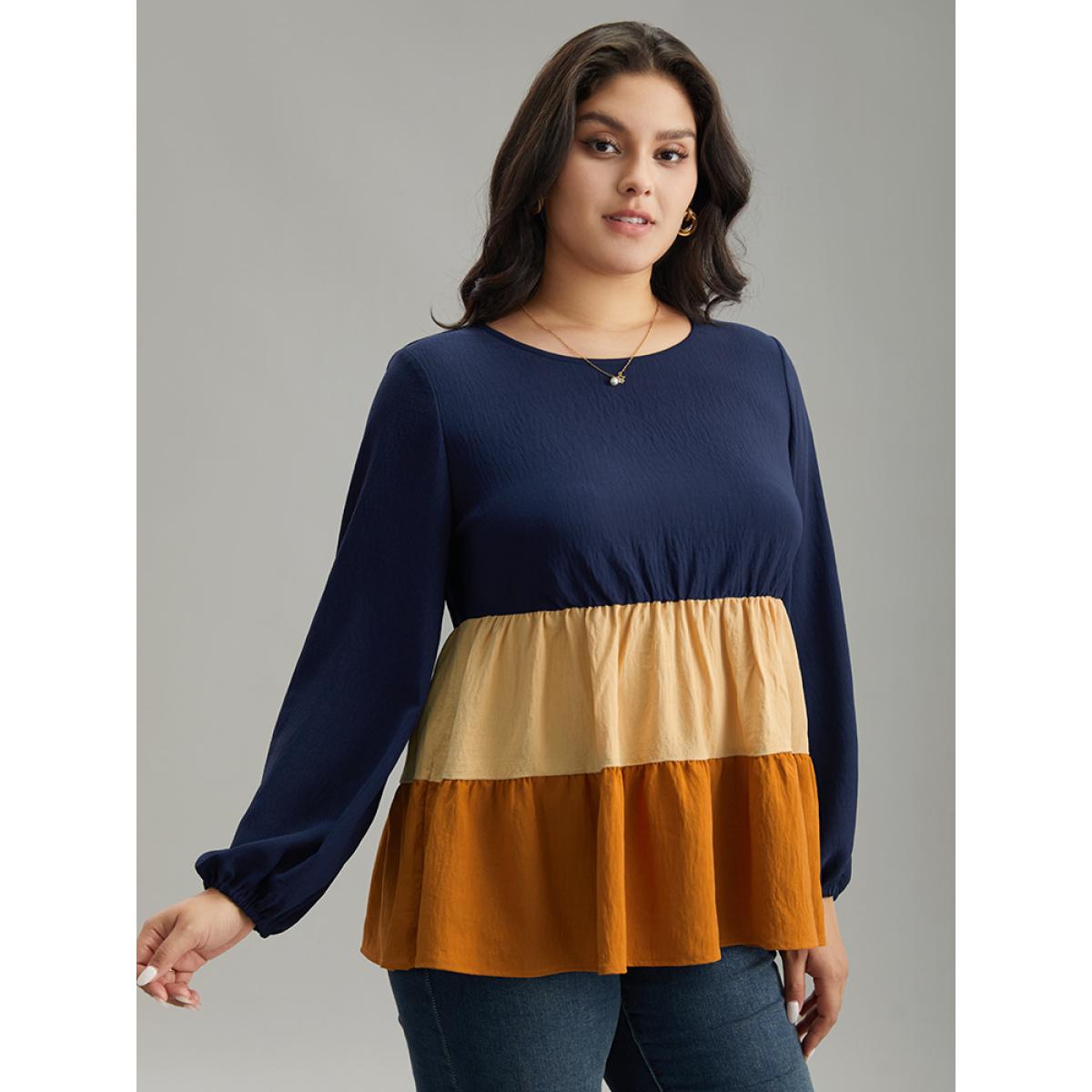 Plus Size Multicolor Colorblock Contrast Gathered Ruffle Layered Hem Blouse Women Elegant Long Sleeve Round Neck Dailywear Blouses BloomChic 10/M Product Image