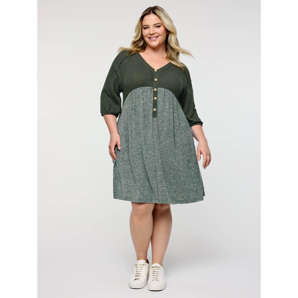 Plus Size Textured Drop Shoulder Patchwork Knit Dress Teal Women Knit Dresses Bloomchic 26/4X Product Image