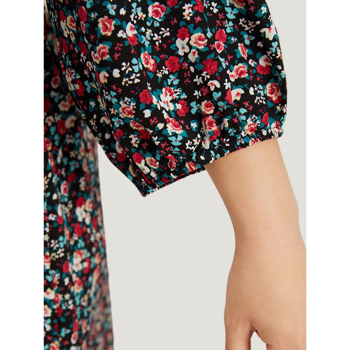 Plus Size Ditsy Floral Shirred Pocket Lantern Sleeve Dress Black Women Elegant Elastic cuffs V-neck Elbow-length sleeve Curvy Midi Dress BloomChic 12/L Product Image