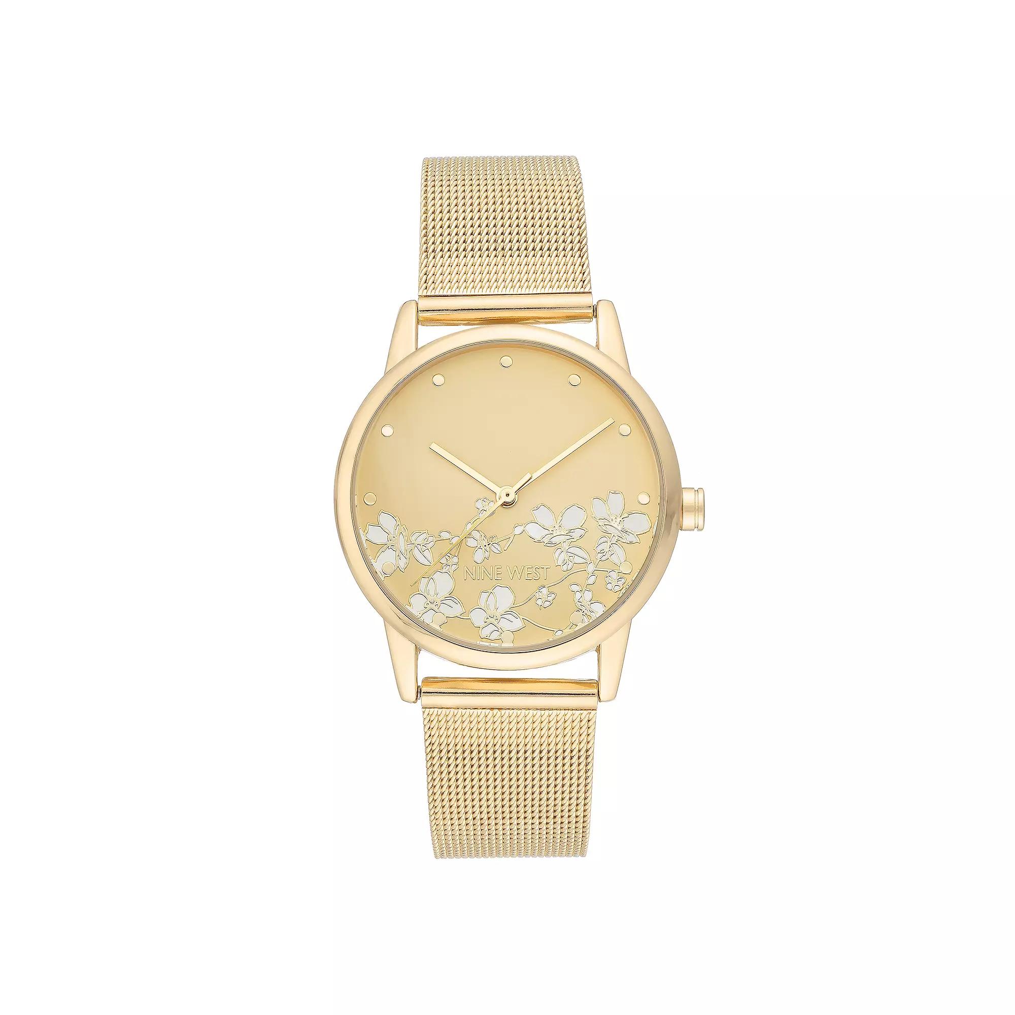 Nine West Women's Stainless Steel Mesh Bracelet Watch with Flower Dial, Size: Medium, Gold Tone Product Image