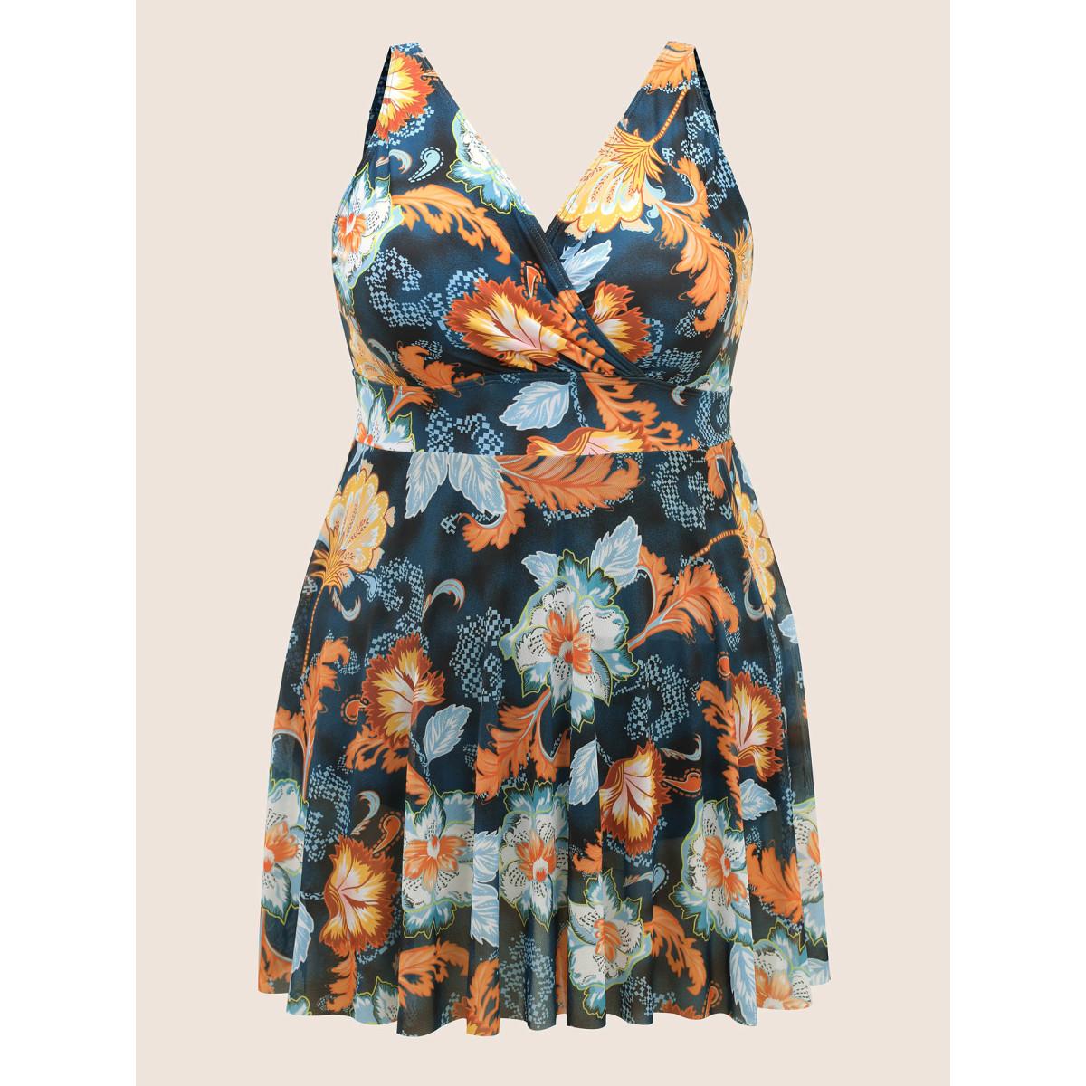 Plus Size Overlap Collar Contrast Floral Mesh Swim Dress Women's Swimwear Cyan Beach Bodycon Overlap Collar High stretch Curve Swim Dresses BloomChic 18-20/2X Product Image