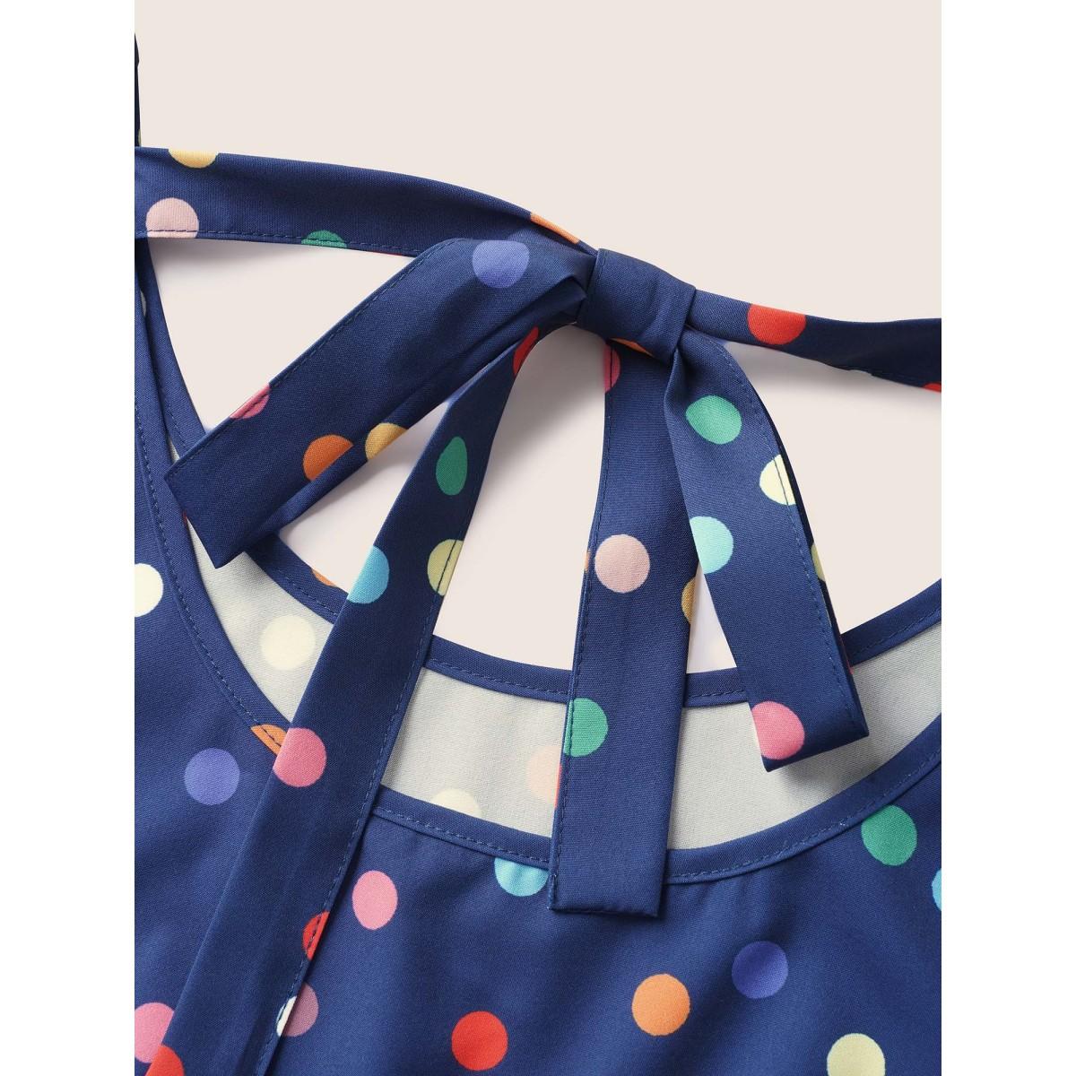 Plus Size Colored Polka Dot Tie Knot Ruffle Cap Sleeve Dress DarkBlue Women Casual Tie knot Round Neck Cap Sleeve Curvy BloomChic 12/L Product Image