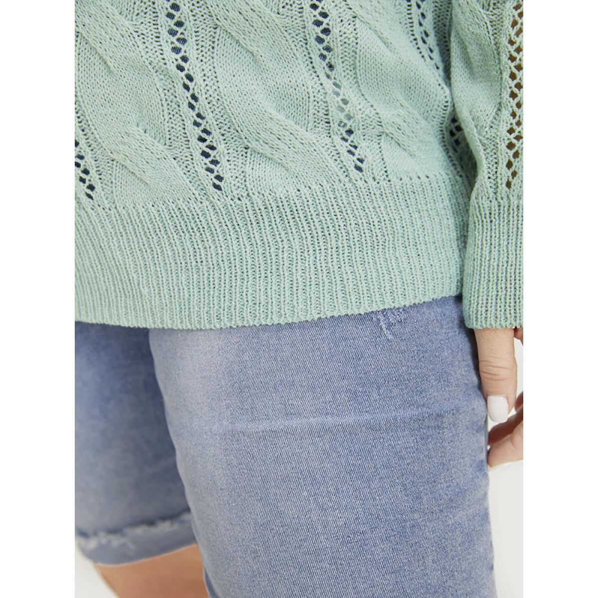 Plus Size Plain Cable Knit Drop Shoulder Pullover LightGreen Women Casual Loose Long Sleeve V-neck Dailywear Pullovers BloomChic 10/M Product Image