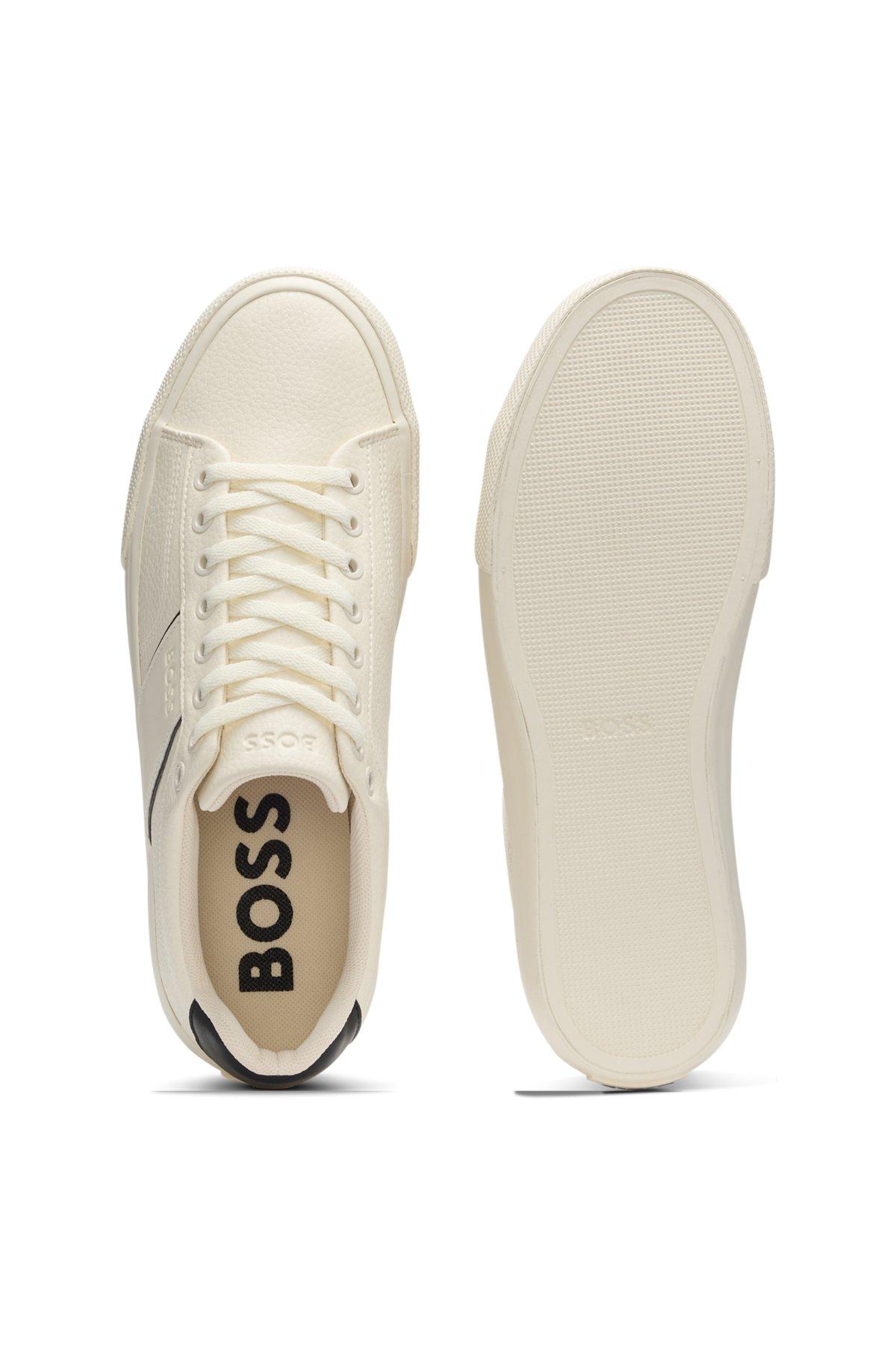 BOSS - Faux-leather trainers with plain and grained textures - White Product Image