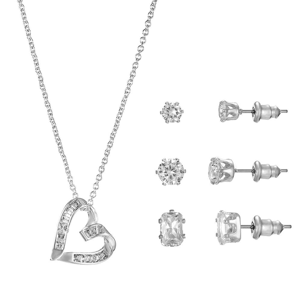 Silver Tone Cubic Zirconia Sideways Heart Pendant Necklace & Stud Earrings Trio Set, Women's, Size: 18+3", Silver Tone Clear Product Image