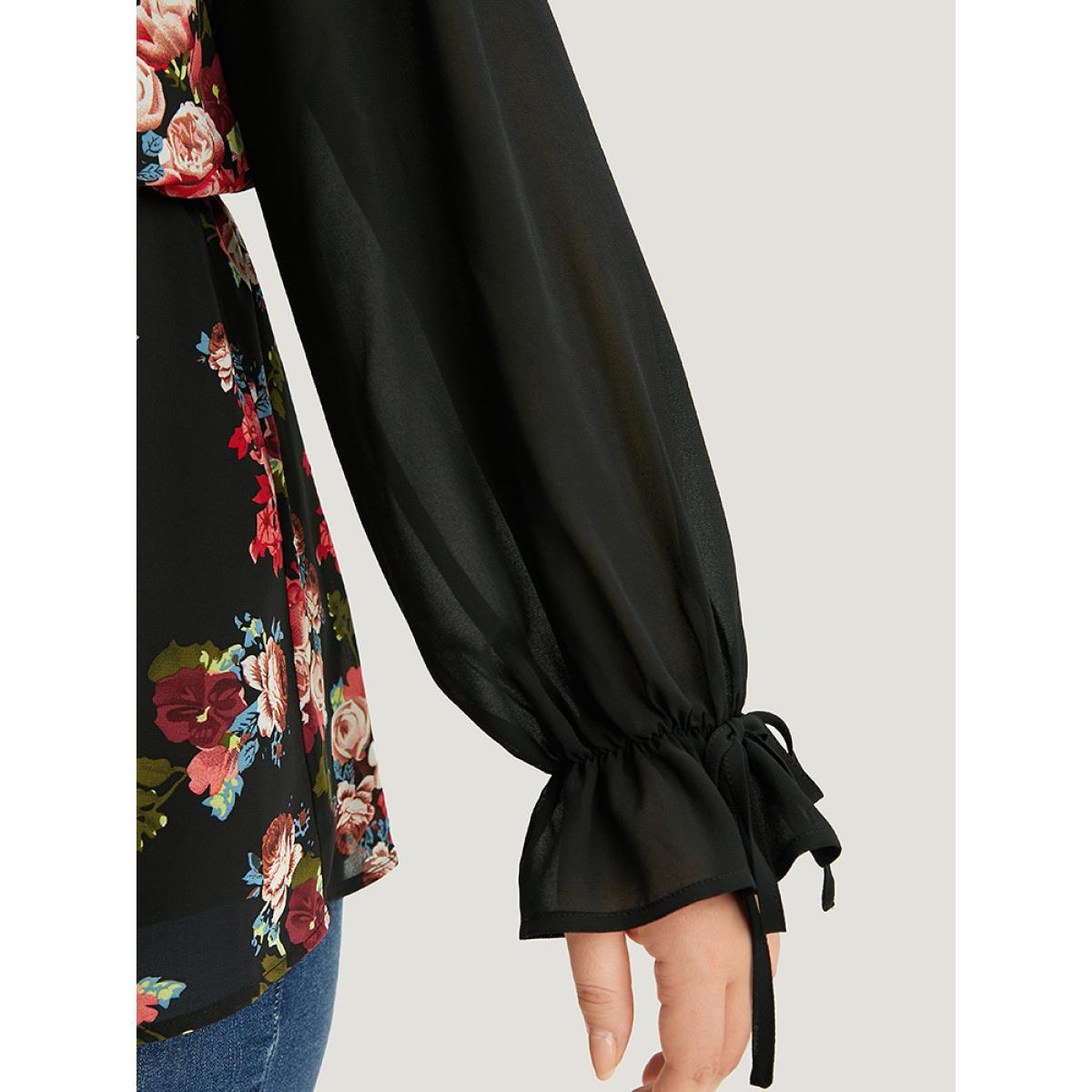Plus Size Black Floral Print Patchwork Wrap Ties Lantern Sleeve Blouse Women Elegant Long Sleeve V-neck Dailywear Blouses BloomChic 30/6X Product Image