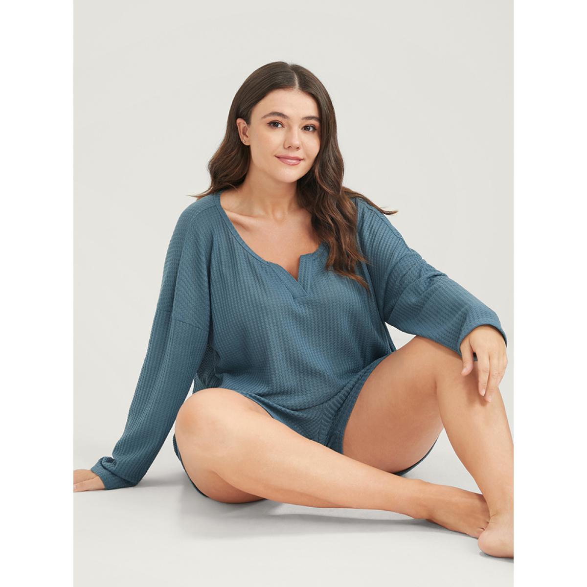 Plus Size Solid Notched Waffle Knit Pajama Set Women Cerulean Plain Plain Long Sleeve Notched collar Casual Loungewear Sets BloomChic 22-24/3X Product Image