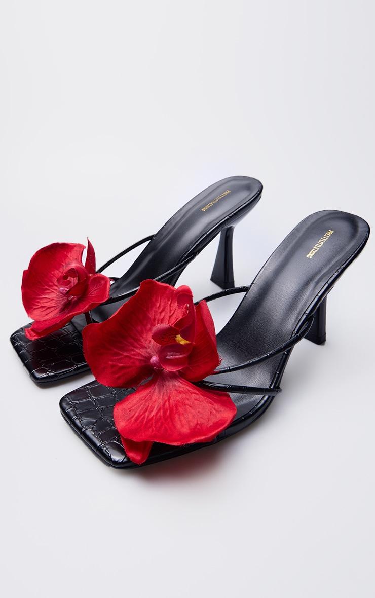 Black Croc PU Red Flower Square Toe Heeled Mules Product Image