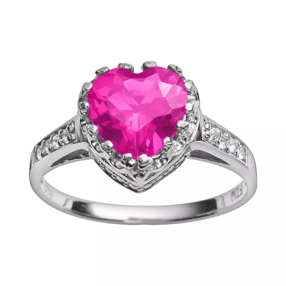 Designs by Gioelli Sterling Silver Lab-Created Pink Sapphire and Lab-Created White Sapphire Heart Crown Ring, Women's, Size: 7 Product Image